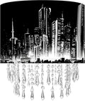 City Skyline Lamp Shade with Acrylic Bead Droplets, Black & White Drum Fabric Light Shade for Ceiling Pendant Table & Floor Lamps, Modern Home Decor, 11.8in