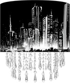 City Skyline Lamp Shade with Acrylic Bead Droplets, Black & White Drum Fabric Light Shade for Ceiling Pendant Table & Floor Lamps, Modern Home Decor, 11.8in