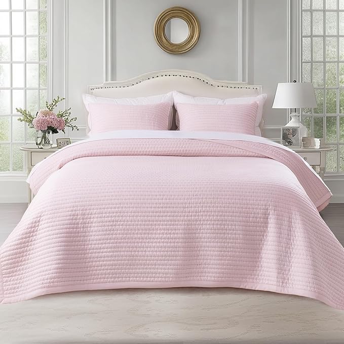 KASENTEX King XL Quilt Set 108"x98" – Soft Washed 3-Layer Lightweight Bedspread, Minimalist Nordic Design, All-Season Spring & Summer Quilt Set (1 Quilt + 2 Pillow Shams), Pink