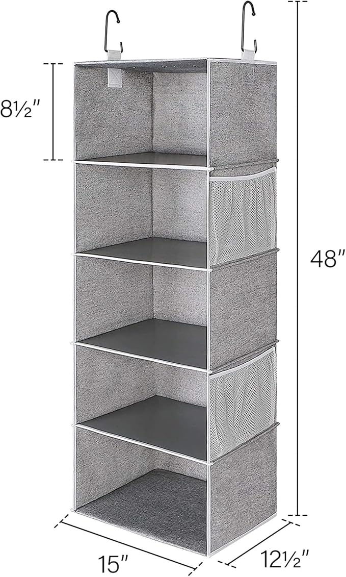 StorageWorks 5-Shelf Hanging Shelves for Closet, Clothes Organizers and Storage, 13" D x 15" W x 47 ¾" H, Gray