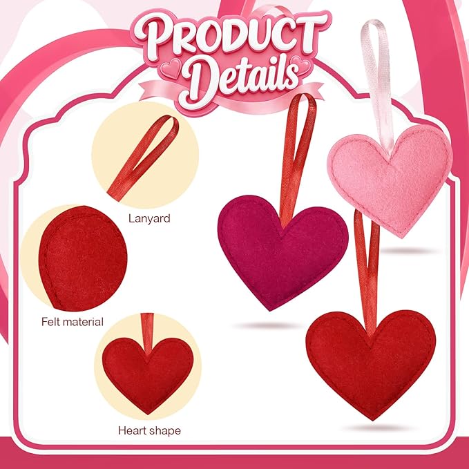 Syhood 12 Pcs Valentine's Day Felt Heart Ornaments Hanging Tree Decor for Wedding, Anniversary, Christmas Party Supplies, Winter Home Decorations(Pink. Red and Rose Red,Solid Color Style)