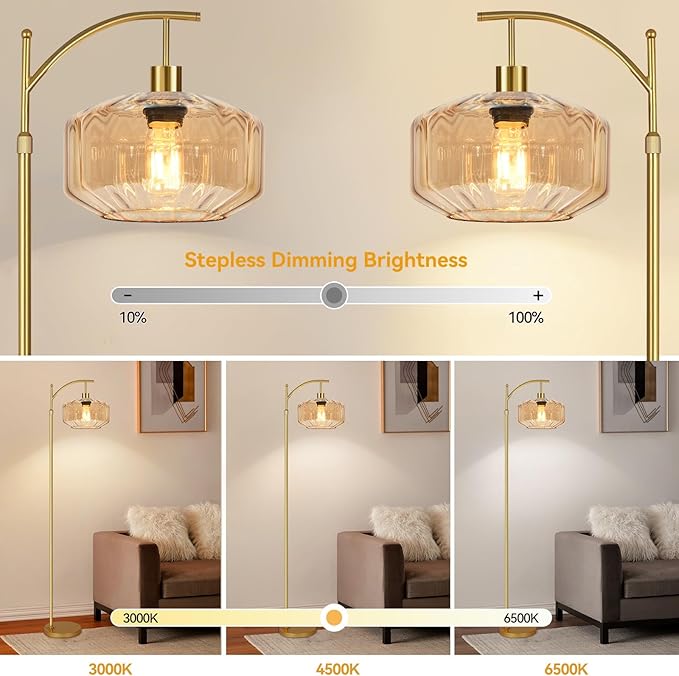 Gold Floor Lamps for Living Room Vintage Floor Lamp with Remote Control,Dimmable Floor Lamp Glass Mid Century Modern Standing Lamp 3 Color Temperature Brass Tall Floor Lamps for Bedroom Corner
