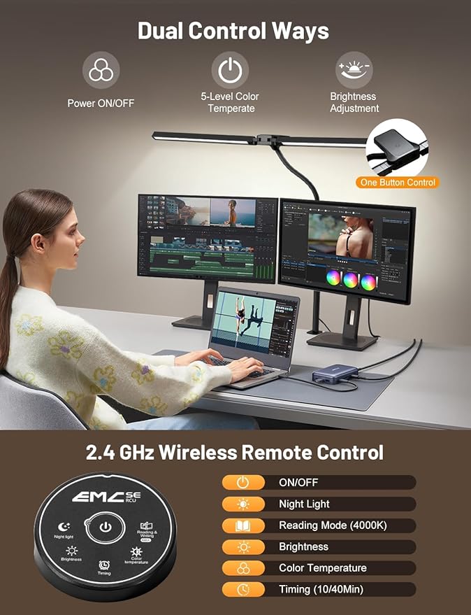 32.8'' Wide Desk Lamp with Clamp for Home Office, Eye-Caring LED Desk Lamp, Dimmable Table Clip Lamp for Dual Screen Computer Monitor, Adjustable Color Lighting Mode Computer Monitor Light