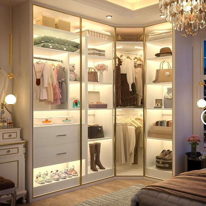 Corner Closet System with 2 Sets, 63.2" Corner Closet Organizer System with 2 Drawers + 18 Shelves + 3 Hanging Rods, Reversible L Shaped Walk-in Closets, White (63.2" L x 39.2" W x 80" H)