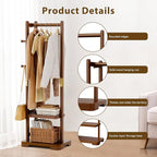 Solid Wood Clothes Rack Coat Rack with 2 Shelves & 4 Hooks for Hanging Clothes Garment Wallets Hats, Clothing Rack Coat Rack Freestanding Hall Tree with Storage for Hallway Bedroom Living Room