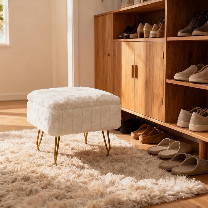 ACEQLYT® Small Foot Stool Ottoman with Storage, Foot Rest for Couch and Chair, White Faux Fur Storage Ottoman with Gold Metal Legs and Padded Seat