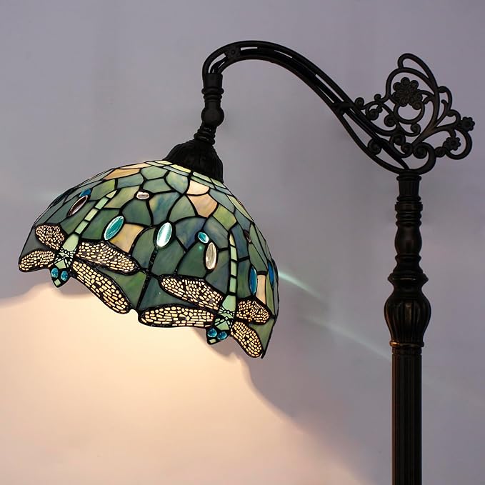 Tiffany Floor Lamp Sea Blue Stained Glass Dragonfly Style 12X12X67 Inch Angle Adjustable Arched Gooseneck Antique Reading Light