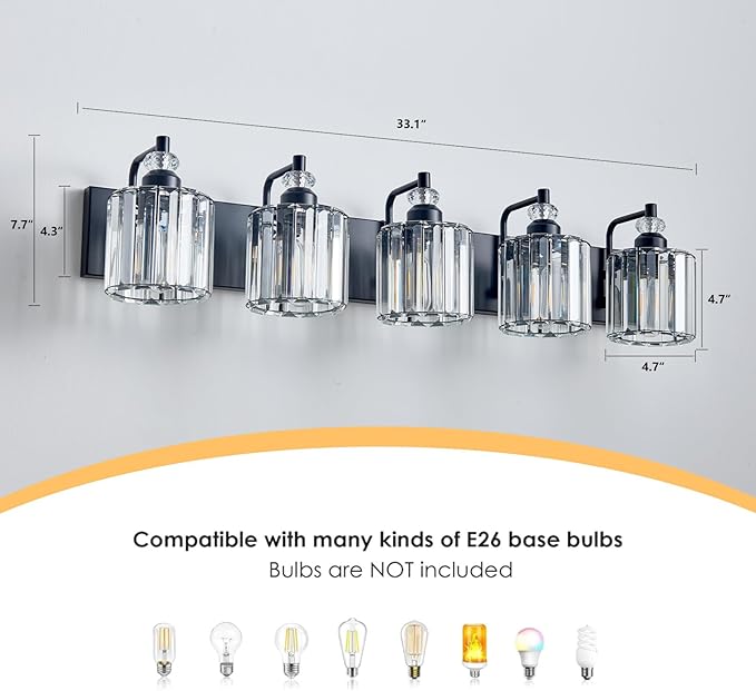 5-Light Black Bathroom Light Fixtures Over Mirror Modern Vanity Lights Crystal Wall Sconce Vintage Bathroom Lighting with Crystal Shade E26 Base for Bedroom, Living Room, Hallway
