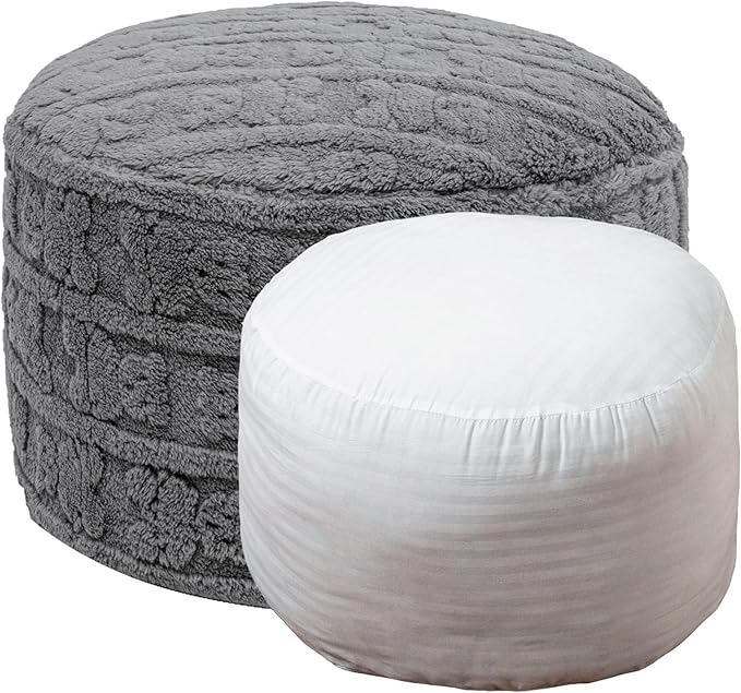 Stuffed Pouf Ottoman with High Density Foam Filler Plush Fiber Pouf Stool Round Foot Stool Cushion Storage Ottoman 20 * 12''Floor Poufs Foot Rest for Living Room (Gray)