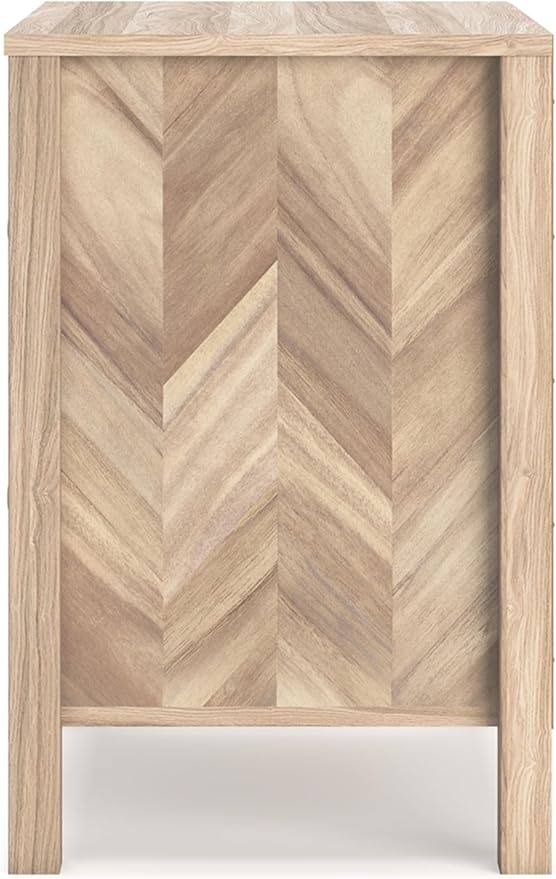 Signature Design by Ashley Battelle Mid-Century Modern Nightstand with Chevron Pattern, 2 Storage Drawers, Dark-Color Hardware, Wood, 24.5" High, Light Brown