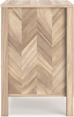 Signature Design by Ashley Battelle Mid-Century Modern Nightstand with Chevron Pattern, 2 Storage Drawers, Dark-Color Hardware, Wood, 24.5" High, Light Brown