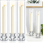 3 Set Hurricane Glass Candlestick Holders 12.6" Two Side Open Glass Candle Holders and 2.2" Taper Candlesticks Holder Bulk for Table Centerpiece Wedding Christmas Home Decor