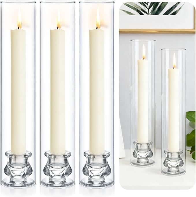 3 Set Hurricane Glass Candlestick Holders 12.6" Two Side Open Glass Candle Holders and 2.2" Taper Candlesticks Holder Bulk for Table Centerpiece Wedding Christmas Home Decor