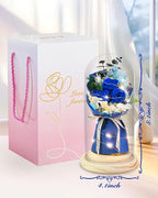 HVY Preserved Real Flowers Bouquet Gifts for Her,Forever Flowers Gift for Women,Preserved Blue Rose in Glass Dome with LED Light Ideal for Christmas,Birthday,Anniversary,Valentine's Day, Mother's Day