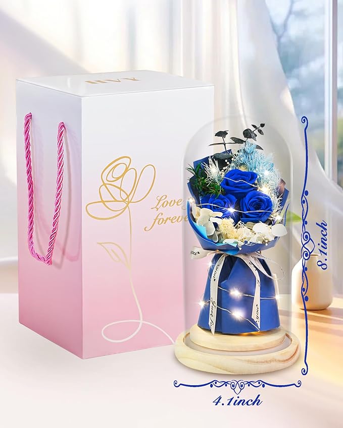 HVY Preserved Real Flowers Bouquet Gifts for Her,Forever Flowers Gift for Women,Preserved Blue Rose in Glass Dome with LED Light Ideal for Christmas,Birthday,Anniversary,Valentine's Day, Mother's Day