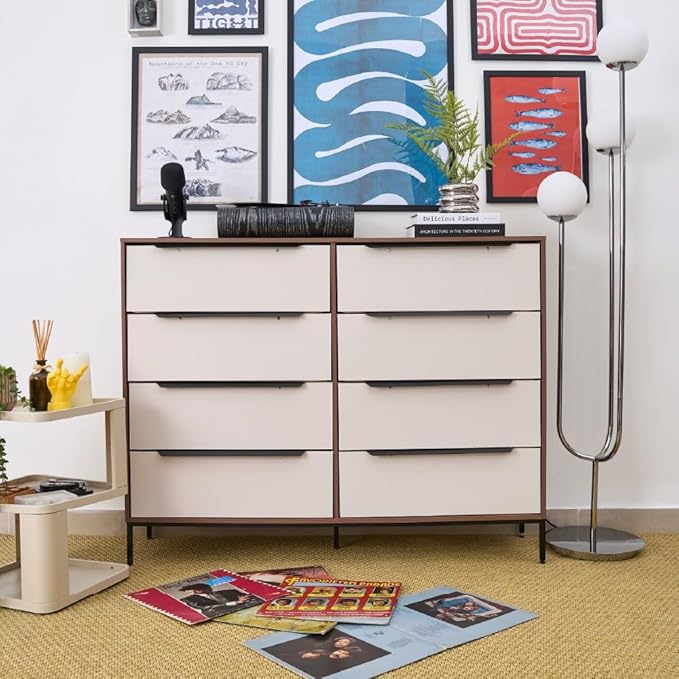 tinge Lira Premium Fabric Dresser - Solid Wooden Frame, 8 Spacious Sag-Proof Drawers with Sleek Metal Handles - Premium & Durable Storage Solution for Your Home (Dark Brown)