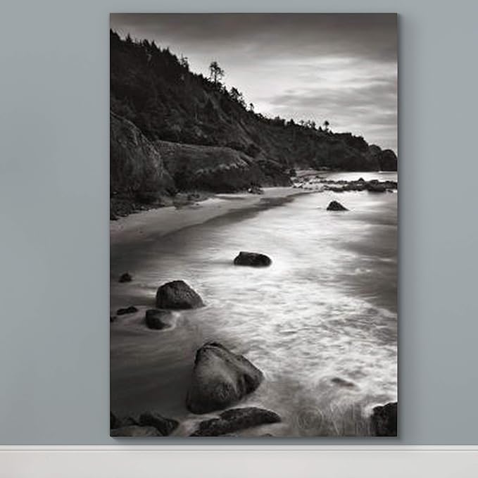 Renditions Gallery Canvas Nature Wall Art Home Paintings & Prints Vintage Rocky Shore Black & White Glam Scenic Wall Hanging Artwork for Bedroom Living Room Office Kitchen - 24"x36" LT06