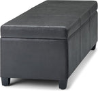 SIMPLIHOME Avalon Storage Ottoman Bench - 48 inch Wide Upholstered Vegan Leather Rectangular Lift-Top Ottoman in Distressed Black, Contemporary Storage Bench for Living Room with High-Density Foam