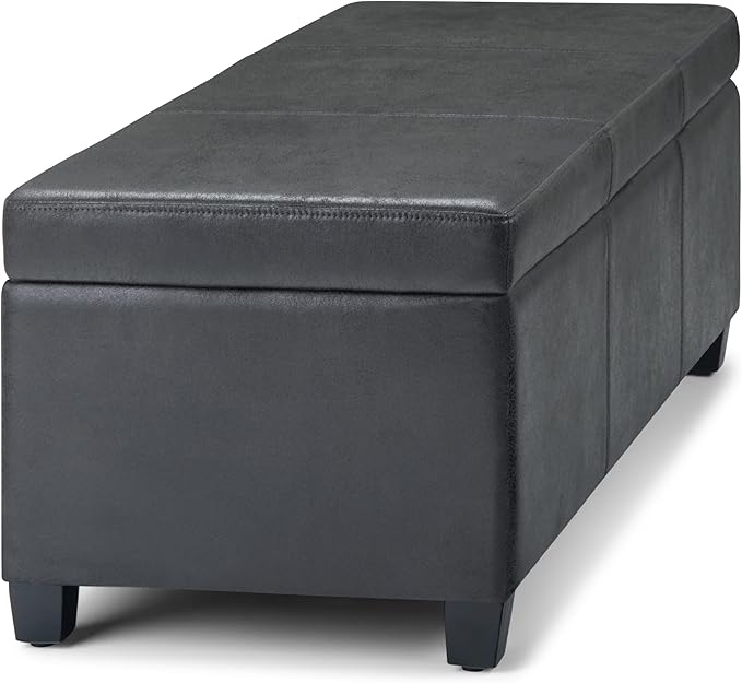 SIMPLIHOME Avalon Storage Ottoman Bench - 48 inch Wide Upholstered Vegan Leather Rectangular Lift-Top Ottoman in Distressed Black, Contemporary Storage Bench for Living Room with High-Density Foam
