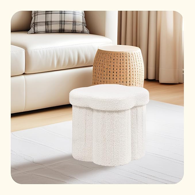 PINPLUS Storage Ottoman Cube Flower-Shaped Boucle Footrest Stool with Hidden Storage, Multi-Functional Cube Seat for Living Room, Dorm - White 12.6"x12.6"x12.6"