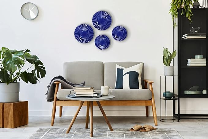 ITrixgan Deep Blue Wall Art Round Metal Modern Accent Sunburst Hanging Decor Above Bed TV for Home Office Bedroom Living Room Set of 4