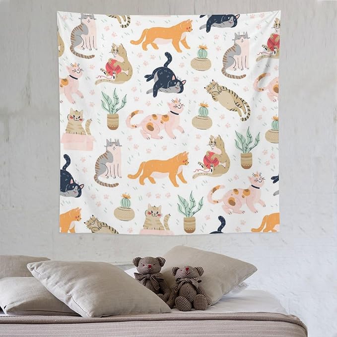 VUMIVI Cute Cat Tapestry Kids Hand-Painted Doodles Colorful Illustrations Potted Plants Paw Prints Tapestry Wall Hanging for Living Room Bedroom Dorm Classroom Aesthetic Decor W60xL60in