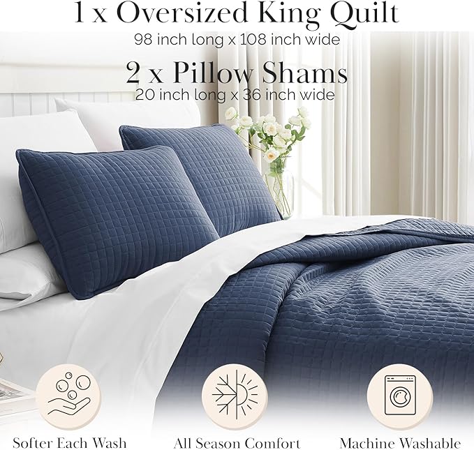 Southshore Fine Living, Inc. Lightweight Quilt King Size Bedding Set, Lightweight, Pet Hair Resistant Bedding, California/King Size Lightweight Quilt Coverlet Set w/2 Shams, Dark Blue