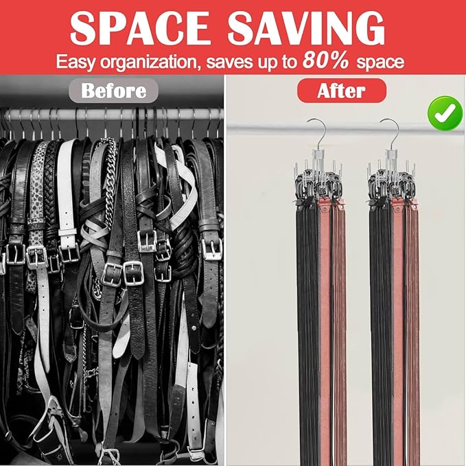Belt Hanger for Closet, Rotatable Belt Organizer Closet Accessories Rack for Display, Holds up to 27 Items, 9 Large Non-Slip U-Shaped Holder Storage Hooks for Belt, Scarf, Silver