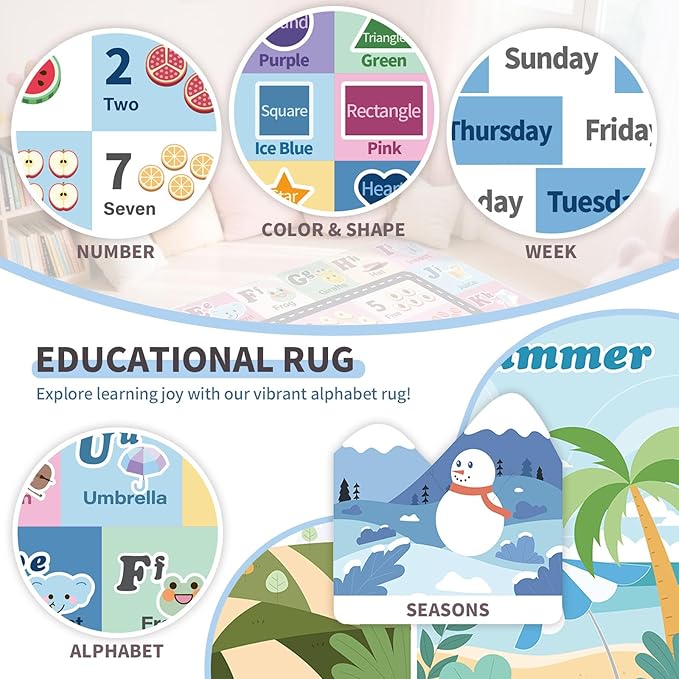 Kids ABC Rug for Playroom, Classroom Alphabet Area Carpet Playmat,Washable Toddler Mat for Baby Room,Play Room,Bedroom,Floor,Nursery (Blue,9'x12')