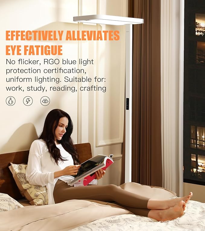 Pure Light Floor Lamp 9500LM Full Spectrum, 4000K Natural Daylight Eye-Care Reading Light, Dimmable 100W Standing Lamp with Motion Sensor for Home Office, 60000+ Hours
