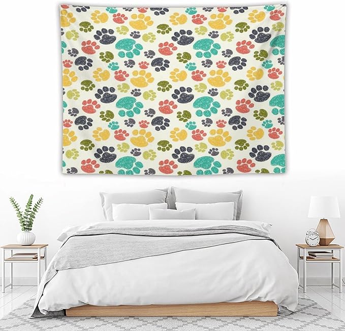 VUMIVI Dog Paw Tapestry Hand Painted Colorful Animal Footprints Doodle Kids Painting Tapestry Wall Hanging for Living Room Bedroom Dorm Classroom Aesthetic Decor W80xL60in