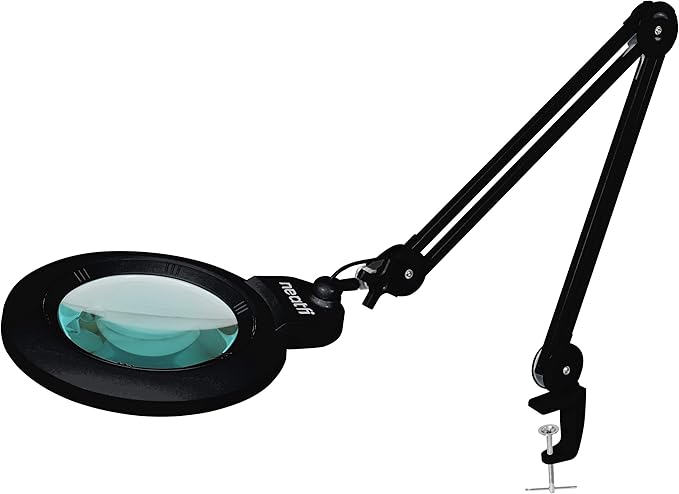 Neatfi XL Bifocal LED Magnifying Lamp – 7-Inch Acrylic Lens, 2.25x & 6X Magnification, 1,600 Lumens, Dimmable LED, Adjustable Arm, Hands-Free Close Work (Black, with Clamp)