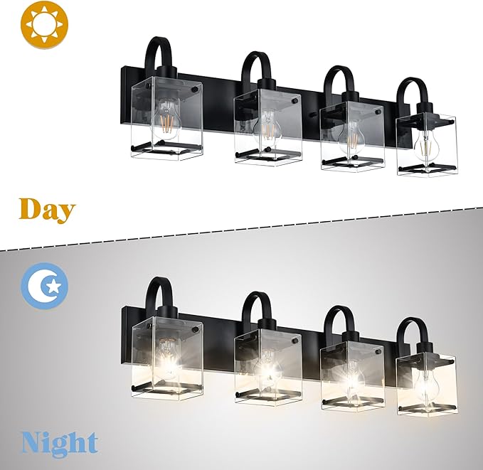 Black Vanity Light Bathroom Lighting Fixtures 4 Light Sconces Wall Lighting Mid Century Rustic Vanity Lights with with Glass Shade Porch Cage Wall Lamp for Mirror, Living Room, Bedroom