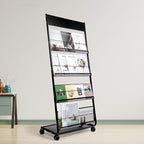 Floor Magazine Rack Brochure Display Stand 4-Layer With Wheels And Top Billboard, Newspaper Magazine Holder High-Hardness For Office Exhibitions, Black (57.5''*25''*13.2'')