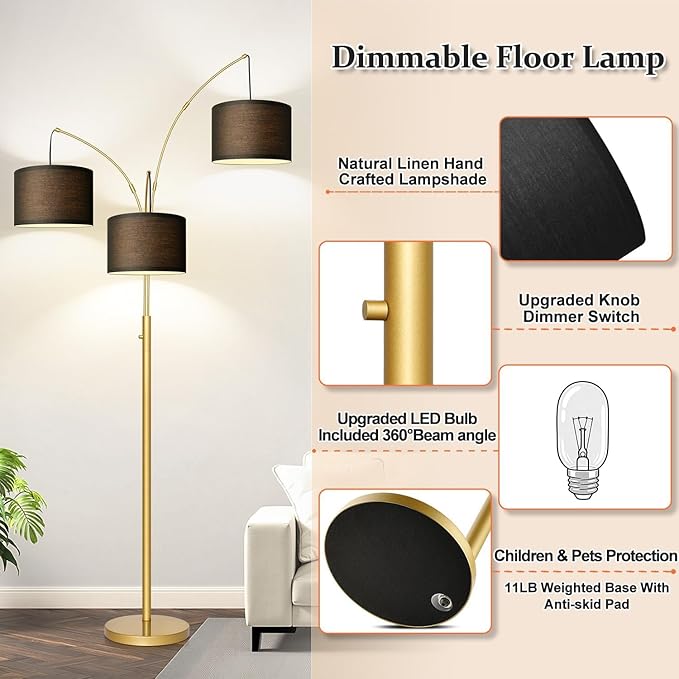 Nintiue Dimmable Floor Lamp - 3 Lights Gold Floor Lamps for Living Room with Black Shades & Heavy Base, Mid Century Tree Floor Lamp for Bedroom Office, 3 LED Bulbs Included