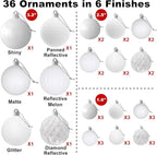 White Christmas Ornaments - Christmas Tree Decorations Shatterproof Hanging Balls for Birthday Wedding Holiday Decor Set of 36pcs, Multi-Sizes(1.6",2.5",3.2")