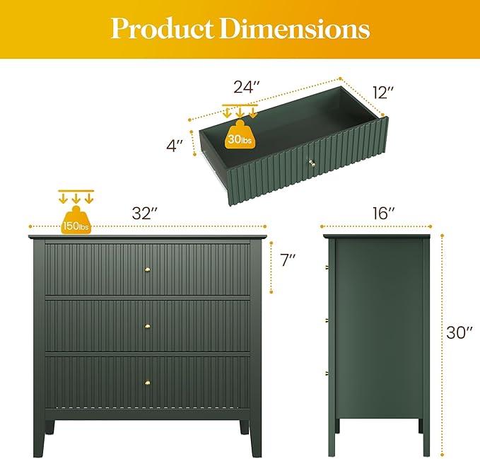 Large Green Fluted 3 Drawer Dresser Set of 2, Chest of Drawers with Ball Bearing Slide Modern 30 inch Tall Wood Nightstand with Spacious Storage for Bedroom Hallway Living Room Entryway