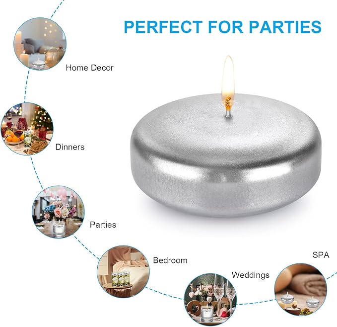 Floating Candles 3 Inch Unscented Dripless Wax 13-15Hours Burning, 12 Pack Wedding Party Candles,for Centerpieces Suitable for Cylindrical Vases,Swimming Pool,Restaurant Decor (Silver)