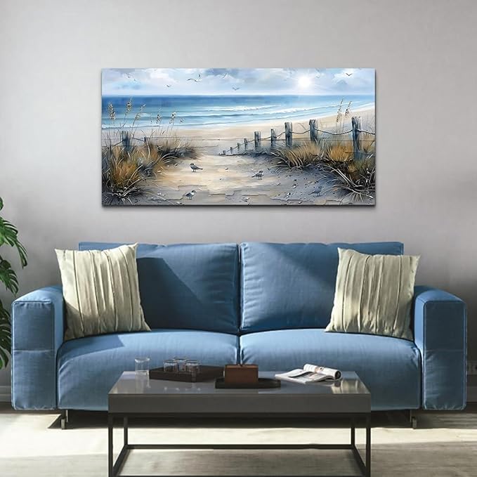 FUHAIHUA Canvas Wall Art For Living Room Wall Decorations For Bedroom Office Decor Beach Wall Paintings Blue Ocean Sea Wave Pictures Artwork For Modern Framed Posters Aesthetic Home Decor 20X40 In