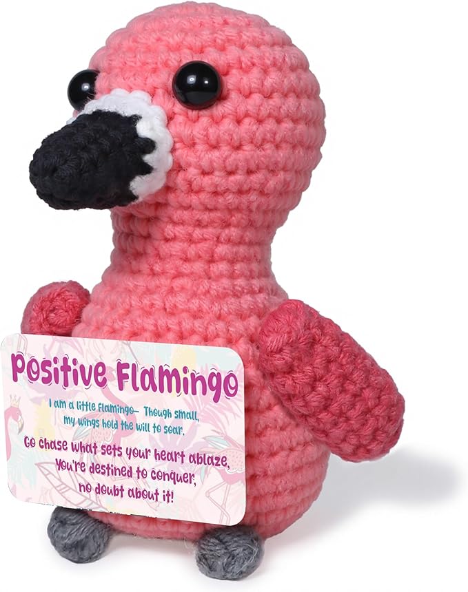 Mini Positive Flamingo Crochet Gifts, Birthday Gifts for Women Men Handmade Presents, Inspirational Small Animals Cute Flamingo, Emotional Cheer Up Funny Decor (Positive)