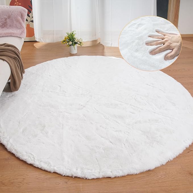 White Round Shag Rugs 6ft Faux Rabbit Washable Fur Area Rugs for Living Room Circle Fluffy Rugs for Bedroom Boho Rug Home Room Décor