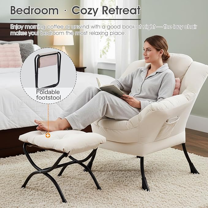 Lazy Chair with Ottoman, Large Lounge Accent Chair with Ottoman and a Throw Pillow, Beige Reading Chair for Living Room Bedroom Dorm Room Office Apartment Relaxing Use