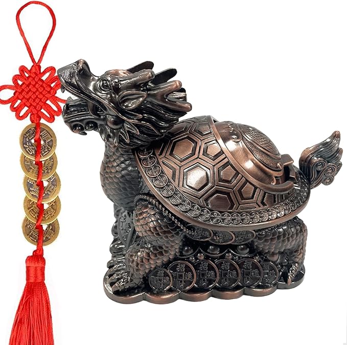 Feng Shui Dragon Turtle Multi Functional Metal Statue Wealth Prosperity Sculpture with Set of 5 Lucky Charm Ancient Coins on Red String Best Housewarming Congratulatory Gift Home Decor (D1 Bronze)