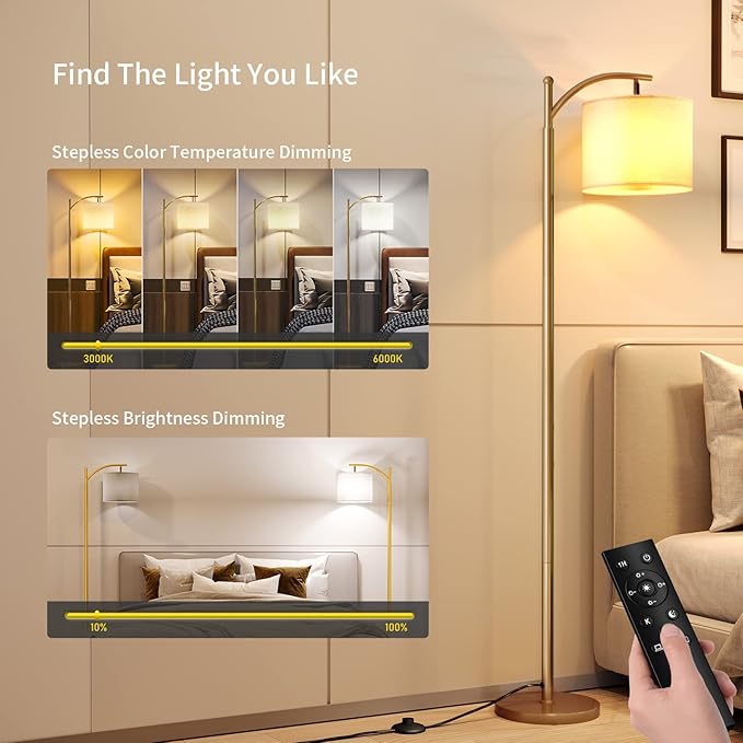 SUNMORY Arc Floor Lamp, Modern Floor Lamp with Romote Control and Stepless Dimmable Bulb, Metal Standing Lamps with Hanging Lampshade for Living Room, Bedroom, Office (Gold)