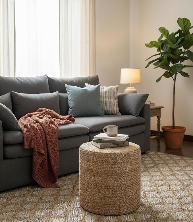 Jute Pouf Ottoman | Footrest Pouf | Hand Braided - Round Boho Pouffe - for Living Room, Bedroom, Nursery (16"x16"x16") Ivory