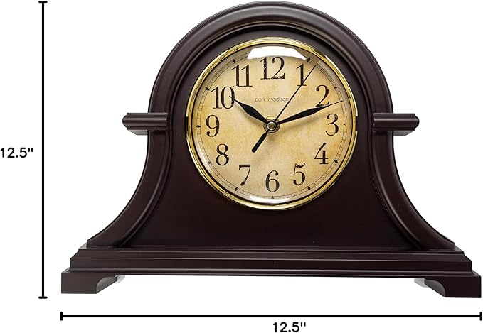 Park Madison Vintage Table Clock Series Mantel Clock,12.5 Inch, Silent Analog Quartz Movement, Mahogany Color (13798)