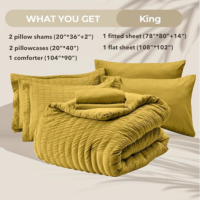 HYMOKEGE Mustard Yellow King Size Comforter Set Seersucker 7 Pieces, All Season Luxury Bed in a Bag for Bedroom, Bedding Set with Comforter, Sheets, Pillowcases & Shams