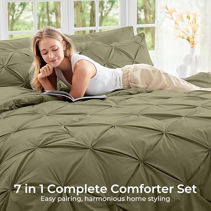 Sasttie California King Comforter Set, 7-Piece Bed in a Bag, Pintuck Bedding Sets for All Season, Includes Comforter, Flat Sheet, Fitted Sheet, Pillowcases and Pillowshams, Olive Green