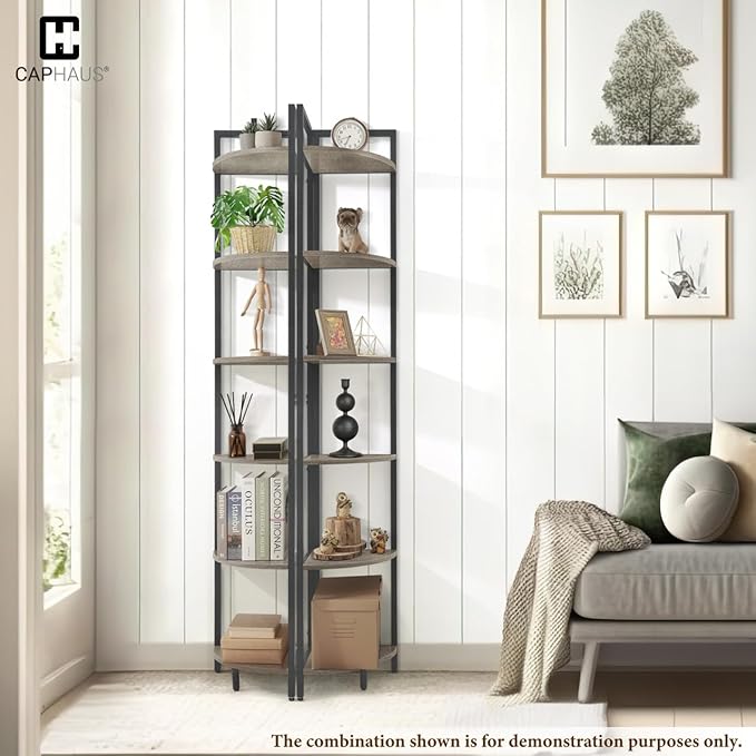 CAPHAUS 6-Tier Corner Shelf, 71.1-Inch Tall Corner Bookshelf with Metal Frame, Round Corner Shelf Unit for Bathroom, Living Room, Home, Office, Dark Grey