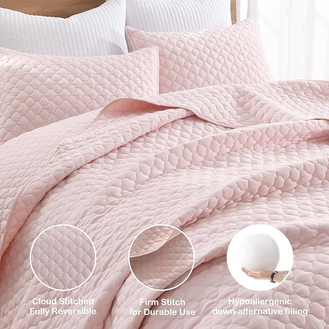 HORIMOTE HOME Quilt Twin Size Light Pink, Lightweight Quilt for Summer Ultra-Soft Microfiber Modern Style Quilted Clouds Pattern Bedspread Quit Set 2 Pieces (1 Quilt and 1 Pillow Sham)